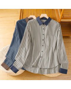 Buddha Stones Spring Summer Casual Minimalist Button-Up Striped Contrast Trim Women's Long Sleeve Shirts With Patch Pocket - Gainsboro / US4, UK/AU8, EU36 (M)