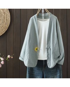 Buddha Stones Spring Summer Casual Minimalist Drawstring Embroidery Solid Women's Long Sleeve Shirts - PaleTurquoise / US4, UK/AU8, EU36 (L)