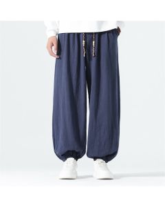 Buddha Stones Spring Summer Casual Minimalist Drawstring Solid Cotton Ankle Pants Men's Tapered Pants With Pockets - Navy / US/UK/AU36，EU46 (L)
