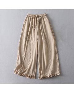 Buddha Stones Spring Summer Casual Minimalist Drawstring Solid Cropped Pleated Cuff Pants Women's Wide Leg Pants With Pockets - Tan / US4, UK/AU8, EU36 (L)