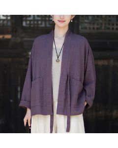 Buddha Stones Spring Summer Casual Minimalist Solid Ramie Women's Kimono With Pockets - RebeccaPurple / US4-6，UK/AU8-10，EU36-38 (F)