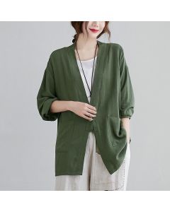 Buddha Stones Spring Summer Casual Minimalist Solid Women's Long Sleeve Shirts With Pockets - DarkOliveGreen / US6, UK/AU10, EU38 (XL)