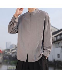 Buddha Stones Spring Summer Casual Minimalist Tang Style Mandarin Collar Solid Men's Long Sleeve Shirts - DarkGray / US/UK/AU36，EU46 (L)