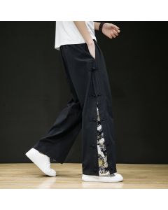 Buddha Stones Spring Summer Casual Tang Style Crane Side Slit Long Pants Men's Straight Leg Pants With Pockets - LightGray / US/UK/AU42，EU52 (3XL)