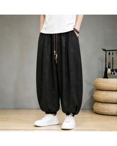 Buddha Stones Spring Summer Casual Tang Style Drawstring Dragon Cropped Pants Men's Harem Pants With Pocket - Black / US/UK/AU36, EU46 (L)