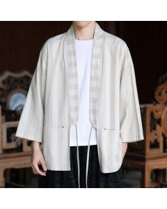 Buddha Stones Spring Summer Casual Tang Style Drawstring Solid Cotton Linen Three-Quarter Sleeve Men's Kimono With Pocket - Beige / US/UK/AU36,EU46 (L)