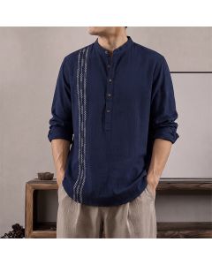 Buddha Stones Spring Summer Casual Tang Style Geometric Cotton Men's Long Sleeve Shirts - MidnightBlue / US/UK/AU36, EU46 (L)