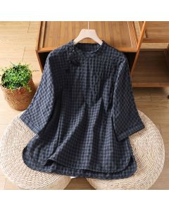 Buddha Stones Spring Summer Casual Tang Style Mandarin Collar Black Plaid Women's Three-Quarter Sleeve Shirts - DarkSlateGray / US4, UK/AU8, EU36 (L)
