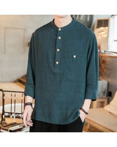 Buddha Stones Spring Summer Casual Tang Style Mandarin Collar Patch Pocket Solid Men's Long Sleeve Shirts With Pocket - Wheat / US/UK/AU46, EU56 (5XL)