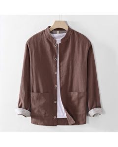 Buddha Stones Spring Summer Casual Tang Style Mandarin Collar Solid Men's Long Sleeve Shirts With Pocket - Sienna / US/UK/AU36, EU46 (L)