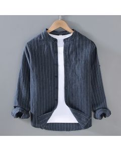 Buddha Stones Spring Summer Casual Tang Style Mandarin Collar Striped Linen Men's Long Sleeve Shirts With Pocket - MidnightBlue / US/UK/AU36，EU46 (L)