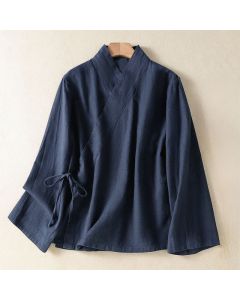 Buddha Stones Spring Summer Casual Tang Style V-Neck Drawstring Solid Women's Long Sleeve Shirts - MidnightBlue / US4, UK/AU8, EU36 (L)