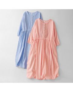 Buddha Stones Spring Summer Casual Vintage Button-Up Drawstring Solid Crew Neck Women's Three-Quarter Sleeve Dress - LightBlue / US8-10, UK/AU12-14, EU40-42 (XL)