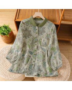 Buddha Stones Spring Summer Casual Vintage Button-Up Floral Women's Long Sleeve Shirts With Pocket - DarkSeaGreen / US8-10, UK/AU12-14, EU40-42 (2XL)