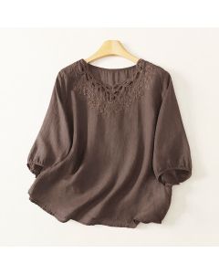 Buddha Stones Spring Summer Casual Vintage Crew Neck Embroidery Solid Women's Three-Quarter Sleeve T-Shirt - SaddleBrown / US4, UK/AU8, EU36 (M)