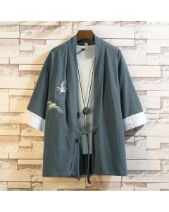 Buddha Stones Spring Summer Casual Vintage Embroidery Crane Men's Elbow-Length Sleeve Kimono - Black Dragon / US/UK/AU36, EU46 (L)