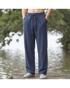 Buddha Stones Spring Summer Classic Decorative Buttons Drawstring Solid Long Pants Men's Straight Leg Pants With Pockets - Navy / US/UK/AU36, EU46 (L)