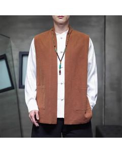 Buddha Stones Spring Summer Fall Tang Style Casual Patch Pocket Solid Cotton Men's Vests With Pocket - Peru / US/UK/AU44，EU54 (4XL)