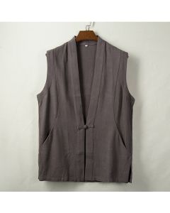 Buddha Stones Spring Summer Fall Tang Style Minimalist Frog Button Solid Cotton Linen Men's Vests With Pocket - DimGray / US/UK/AU36，EU46 (L)