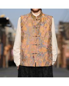 Buddha Stones Spring Summer Fall Tang Style Vintage Mandarin Collar Frog Button Floral Men's Vests With Pockets - BurlyWood / US/UK/AU44，EU54 (4XL)