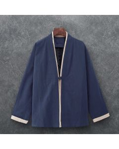 Buddha Stones Spring Summer Minimalist Casual Knot Button Solid Cotton Three-Quarter Sleeve Men's Kimono - Navy / US/UK/AU36, EU46 (L)