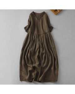 Buddha Stones Spring Summer Minimalist Elegant Solid V-Neck Women's Short Sleeve Dress With Pocket - SaddleBrown / US6, UK/AU10, EU38 (M)