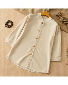 Buddha Stones Spring Summer Tang Style Casual Frog Button Solid Men's Long Sleeve Shirts - Beige / US/UK/AU36, EU46 (M)