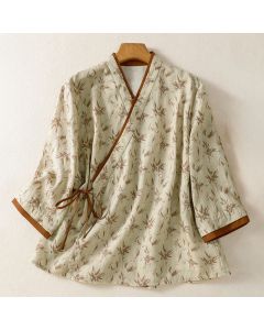 Buddha Stones Spring Summer Tang Style Casual Leaf Print Women's Three-Quarter Sleeve Shirts - Beige / US8-10, UK/AU12-14, EU40-42 (2XL)