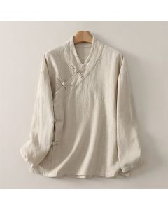 Buddha Stones Spring Summer Tang Style Minimalist V-Neck Frog Button Solid Women's Long Sleeve Shirts - Ivory / US12, UK/AU16, EU44 (3XL)