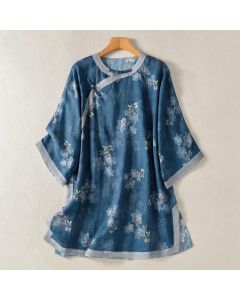 Buddha Stones Spring Summer Tang Style Vintage Frog Button Floral Cotton Linen Women's Elbow-Length Sleeve Shirts - SteelBlue / US4,UK/AU8,EU36 (M)