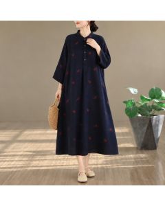 Buddha Stones Spring Fall Tang Style Vintage Mandarin Collar Floral Women's Long Sleeve Dresses With Pockets - MidnightBlue / US4-14, UK/AU8-18, EU36-46 (F)
