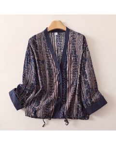Buddha Stones Spring Summer Vintage Bohemian Button-Up Geometric Women's Long Sleeve Shirts - Navy / US4, UK/AU8, EU36 (L)