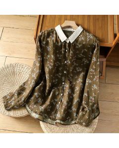 Buddha Stones Spring Summer Vintage Button-Up Floral Women's Long Sleeve Shirts With Pocket - Sienna / US4, UK/AU8, EU36 (L)