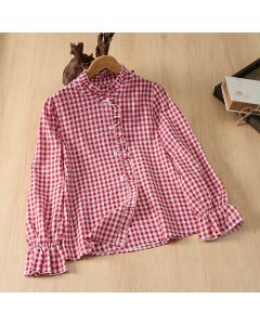 Buddha Stones Spring Summer Vintage Casual Button-Up Plaid Women's Long Sleeve Shirts - Crimson / US4, UK/AU8, EU36 (L)
