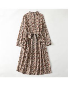 Buddha Stones Spring Summer Vintage Elegant Button-Up Floral Women's Long Sleeve DressWith Pockets - BurlyWood / US4, UK/AU8, EU36 (L)
