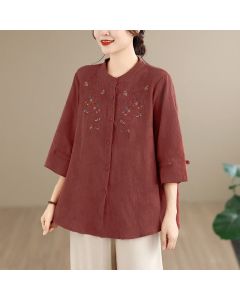 Buddha Stones Spring Summer Vintage Tang Style Embroidery Mandarin Collar Floral Women's Long Sleeve Shirts - Sienna / US4, UK/AU8, EU36 (L)