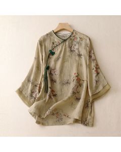 Buddha Stones Spring Summer Vintage Tang Style Frog Button Floral Women's Long Sleeve Shirts - Tan / US4, UK/AU8, EU36 (L)