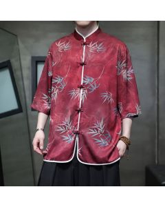 Buddha Stones Spring Summer Vintage Tang Style Mandarin Collar Bamboo Print Men's Elbow-Length Sleeve Shirts - FireBrick / US/UK/AU36，EU46 (L)
