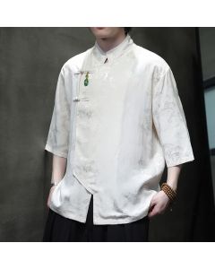 Buddha Stones Spring Tang Style Elegant Mandarin Collar Frog Button Men's Elbow-Length Sleeve Shirts - White / US/UK/AU36，EU46 (L)
