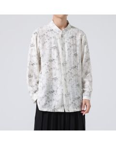 Buddha Stones Spring Tang Style Minimalist Mandarin Collar Abstract Men's Long Sleeve Shirts - WhiteSmoke / US/UK/AU36，EU46 (L)