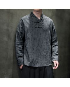 Buddha Stones Spring Tang Style Vintage Mandarin Collar Frog Button Solid Men's Long Sleeve Shirts - SlateGray / US/UK/AU36, EU46 (L)