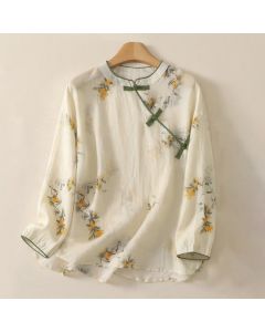Buddha Stones Spring Tang Style Vintage Mandarin Collar Frog Button Yellow Loquat Floral Women's Long Sleeve Shirts - AntiqueWhite / US4,UK/AU8,EU36 (M)