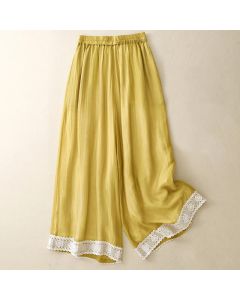 Buddha Stones Spring Vintage Casual Solid Color Lace Patchwork Cuff Women's Cotton Linen Wide Leg Pants With Pockets - IndianRed / US4,UK/AU8,EU36 (L)