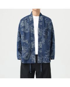 Buddha Stones Spring Vintage Drawstring Dragon Clouds Print Men's Kimono With Pockets - SteelBlue / US/UK/AU38，EU48 (M)