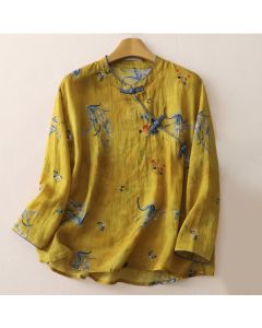 Buddha Stones Spring Vintage Tang Style Frog Button Orchid Floral Women's Long Sleeve Shirts - Goldenrod / US4, UK/AU8, EU36 (M)