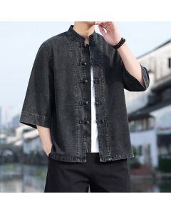 Buddha Stones Spring Vintage Tang Style Frog Button Solid Cotton Cropped Elbow-Length Sleeve Men's Jacket - Black / US/UK/AU36，EU46 (L)