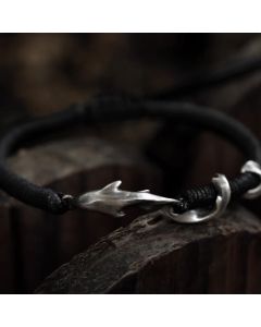 Buddha Stones 999 Sterling Silver Shark Black Wax Rope Protection Bracelet - 999 Sterling Silver Wax Rope-Silvery White(Wrist Circumference: 13-22cm)