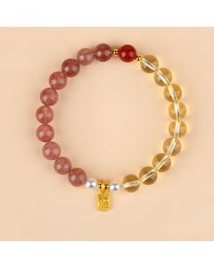 Buddha Stones Strawberry Quartz Citrine Five Elements Fu Character Luck Bracelet - Wood Water Earth(Wrist Circumference:15–16 cm)