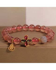 Buddha Stones Strawberry Quartz Four-leaf Clover Lucky Gourd Healing Bracelet - Strawberry Quartz (Wrist Circumference 15-17cm)
