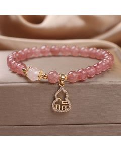 Buddha Stones Strawberry Quartz Gourd Fu Character Charm Positive Bracelet - Strawberry Quartz(Wrist Circumference 14-16cm)